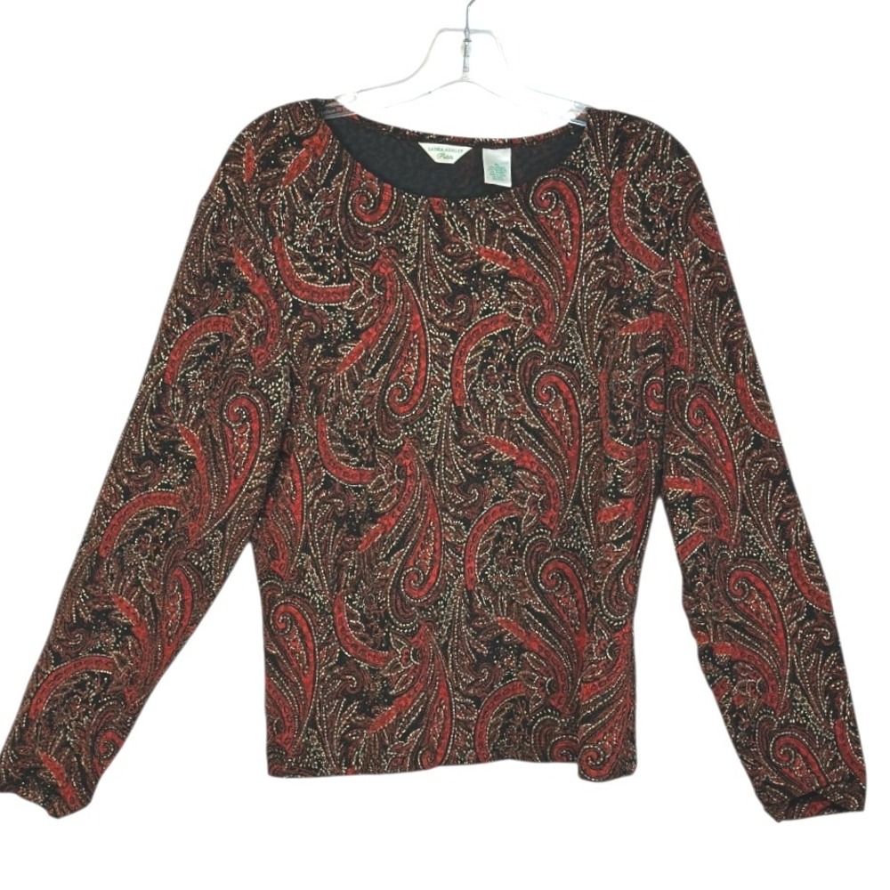 Laura Ashley Petite Paisley Print Long Sleeve Top Career Blouse Red Black PL